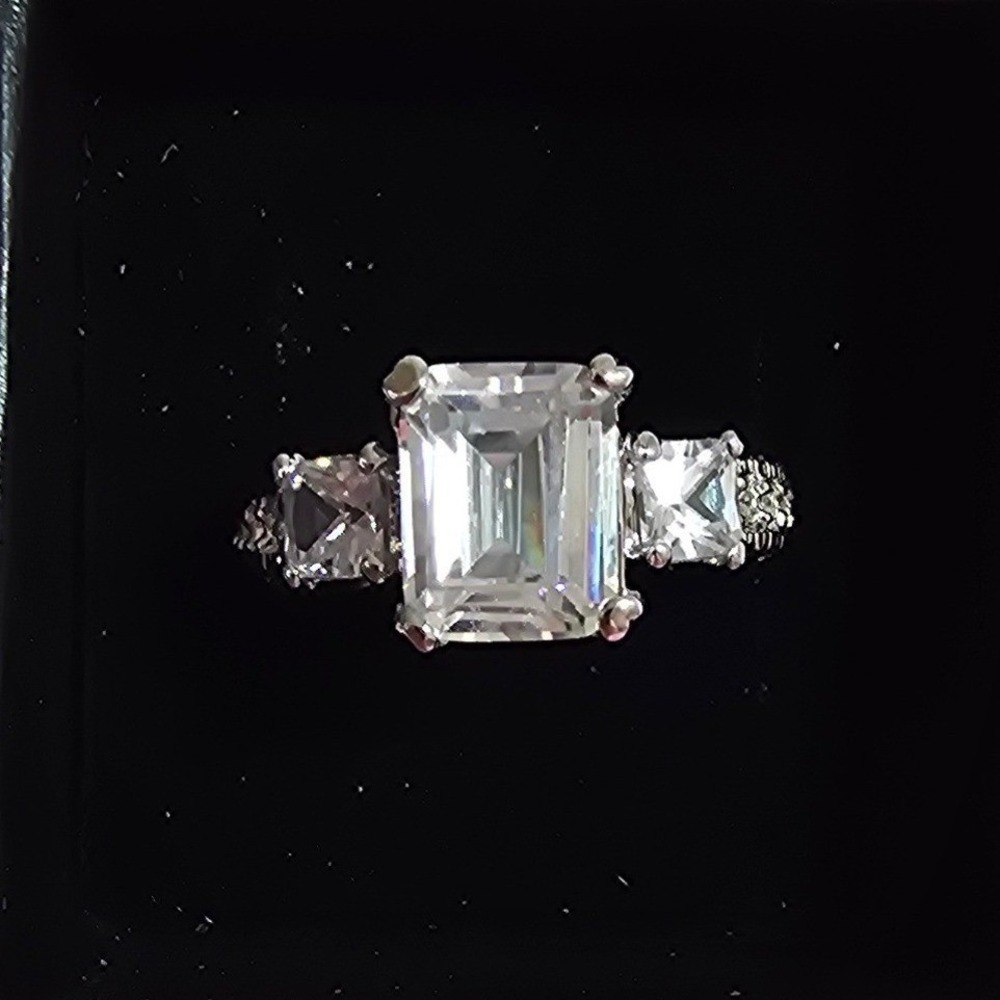 CZ Emerald Cut Three Stone Pavé Engagement‎ Ring Silver Tone Size 6.5